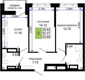 2-к квартира, вторичка, 54м2, 20/25 этаж