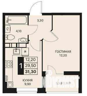 1-к квартира, строящийся дом, 32м2, 2/12 этаж