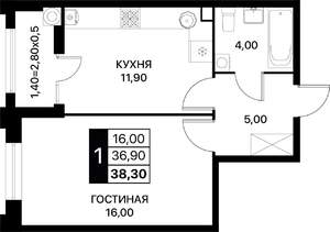 1-к квартира, вторичка, 38м2, 2/12 этаж