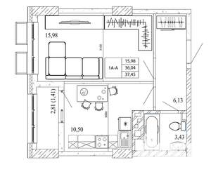 1-к квартира, строящийся дом, 38м2, 2/20 этаж