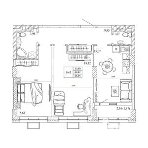 2-к квартира, строящийся дом, 66м2, 3/12 этаж