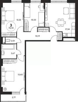 3-к квартира, вторичка, 72м2, 12/25 этаж
