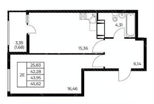 1-к квартира, строящийся дом, 46м2, 14/25 этаж