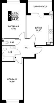 2-к квартира, вторичка, 64м2, 8/12 этаж