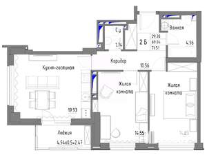 2-к квартира, строящийся дом, 75м2, 23/25 этаж