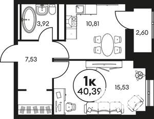 1-к квартира, строящийся дом, 41м2, 20/25 этаж