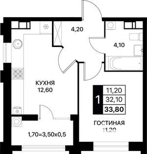 1-к квартира, вторичка, 34м2, 6/12 этаж