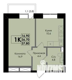 1-к квартира, вторичка, 38м2, 2/22 этаж