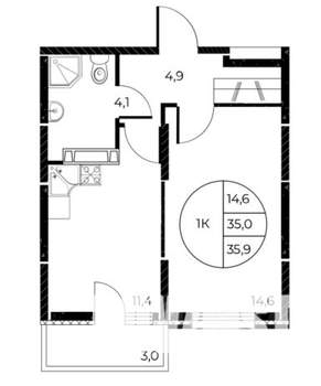 1-к квартира, строящийся дом, 36м2, 14/25 этаж