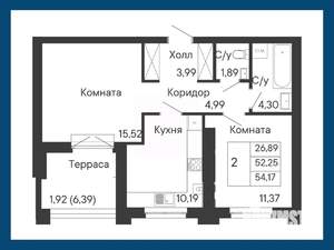 2-к квартира, вторичка, 54м2, 8/8 этаж