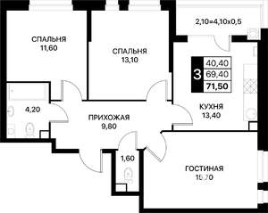 3-к квартира, вторичка, 72м2, 2/14 этаж