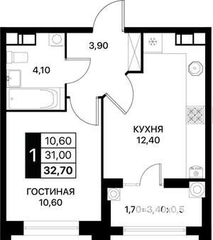 1-к квартира, вторичка, 33м2, 4/12 этаж