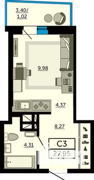 Студия квартира, строящийся дом, 28м2, 23/31 этаж