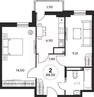 2-к квартира, вторичка, 44м2, 25/25 этаж