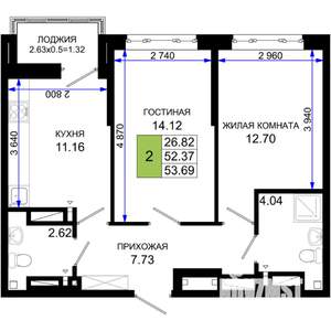 2-к квартира, строящийся дом, 54м2, 15/25 этаж