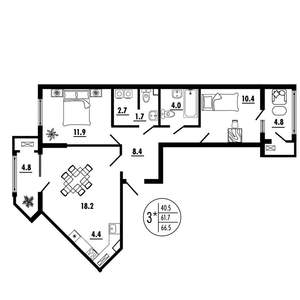3-к квартира, вторичка, 67м2, 15/23 этаж