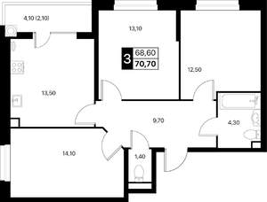 3-к квартира, вторичка, 71м2, 2/12 этаж