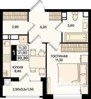 1-к квартира, вторичка, 33м2, 5/15 этаж