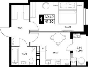 1-к квартира, строящийся дом, 41м2, 10/20 этаж