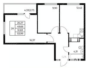 2-к квартира, вторичка, 54м2, 12/25 этаж