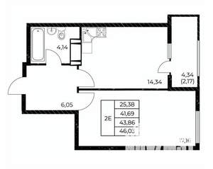 1-к квартира, вторичка, 46м2, 14/25 этаж