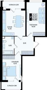 2-к квартира, вторичка, 63м2, 2/15 этаж
