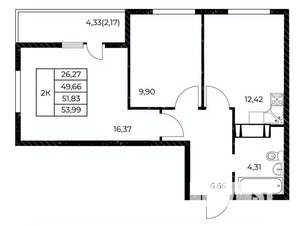 2-к квартира, вторичка, 54м2, 18/25 этаж