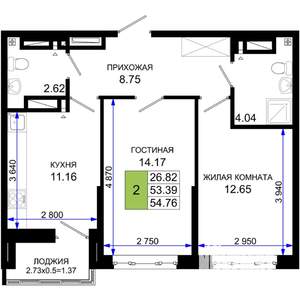 2-к квартира, строящийся дом, 55м2, 8/25 этаж