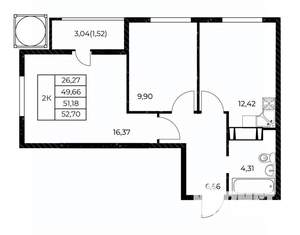 2-к квартира, строящийся дом, 53м2, 16/25 этаж