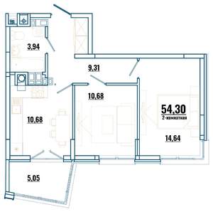 2-к квартира, строящийся дом, 54м2, 1/4 этаж