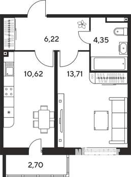 1-к квартира, строящийся дом, 38м2, 24/25 этаж