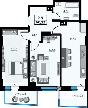2-к квартира, вторичка, 60м2, 17/24 этаж
