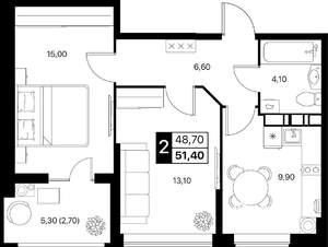 2-к квартира, вторичка, 51м2, 8/12 этаж