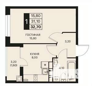 1-к квартира, строящийся дом, 33м2, 10/12 этаж