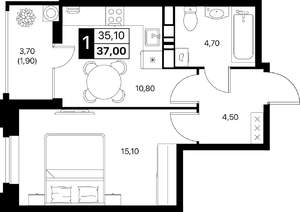 1-к квартира, строящийся дом, 37м2, 4/20 этаж