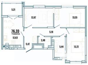 3-к квартира, строящийся дом, 76м2, 4/4 этаж