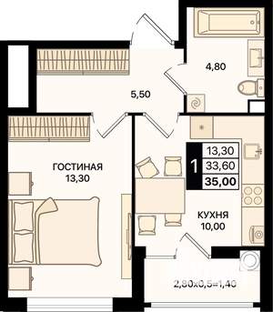 1-к квартира, вторичка, 35м2, 2/15 этаж