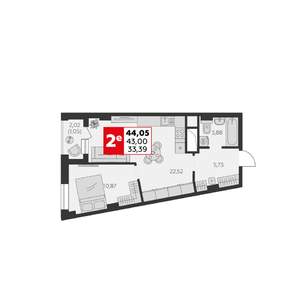 2-к квартира, строящийся дом, 44м2, 21/22 этаж