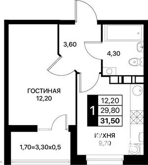 1-к квартира, вторичка, 32м2, 6/12 этаж