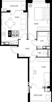 2-к квартира, строящийся дом, 60м2, 5/12 этаж