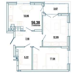2-к квартира, строящийся дом, 56м2, 4/4 этаж