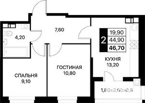 2-к квартира, вторичка, 47м2, 9/14 этаж