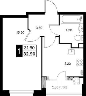 1-к квартира, вторичка, 33м2, 2/12 этаж