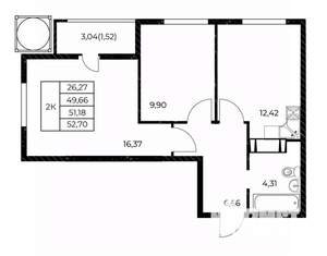 2-к квартира, строящийся дом, 53м2, 6/25 этаж