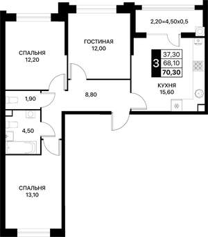 3-к квартира, вторичка, 70м2, 2/12 этаж