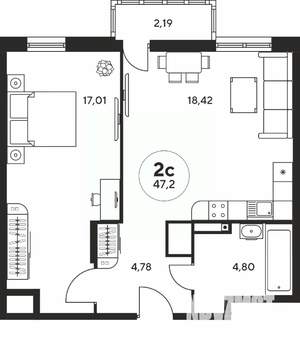 2-к квартира, вторичка, 47м2, 25/25 этаж