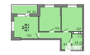 2-к квартира, вторичка, 58м2, 13/15 этаж
