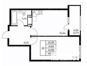 1-к квартира, вторичка, 46м2, 23/25 этаж