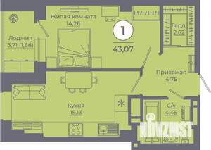 1-к квартира, вторичка, 43м2, 14/24 этаж