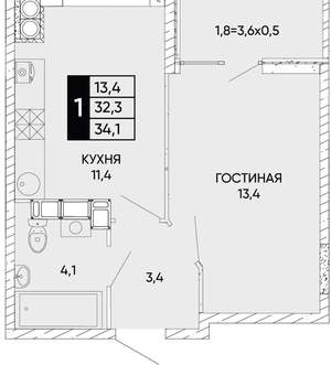 1-к квартира, вторичка, 34м2, 18/22 этаж